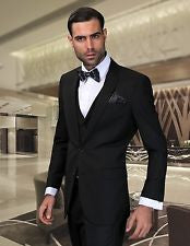 NEW 38S BLACK 3pc 2 BUTTON SLIM FIT MENS SUIT WITH VENT & FLAT FRONT PANTS