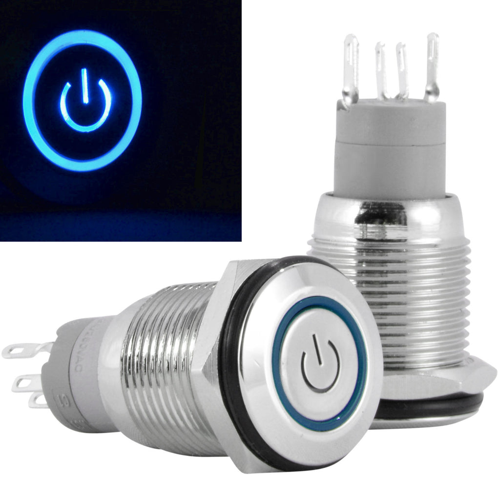 16mm 12V Latching Push Button Power Switch Aluminum Metal Blue LED Waterproof