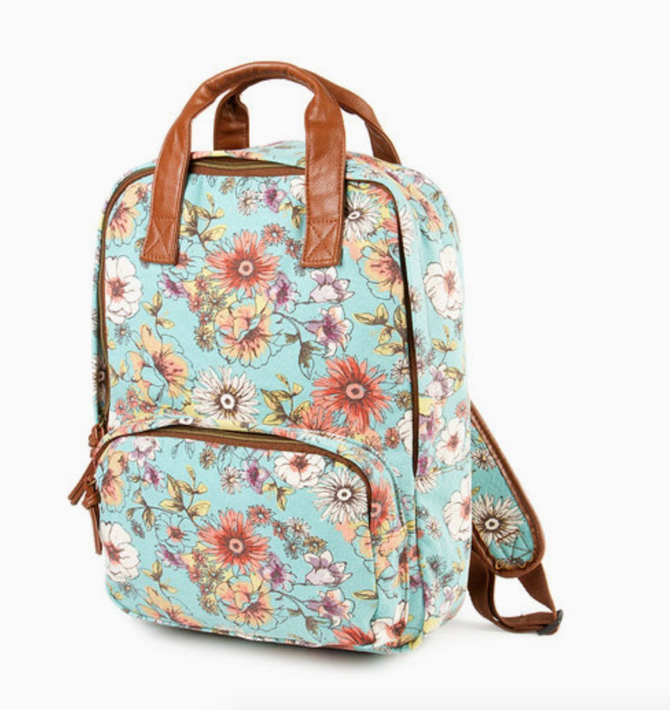 AQUA FLORAL PRINT CANVAS BACKPACK BAG WOMEN'S CLAIRE'S