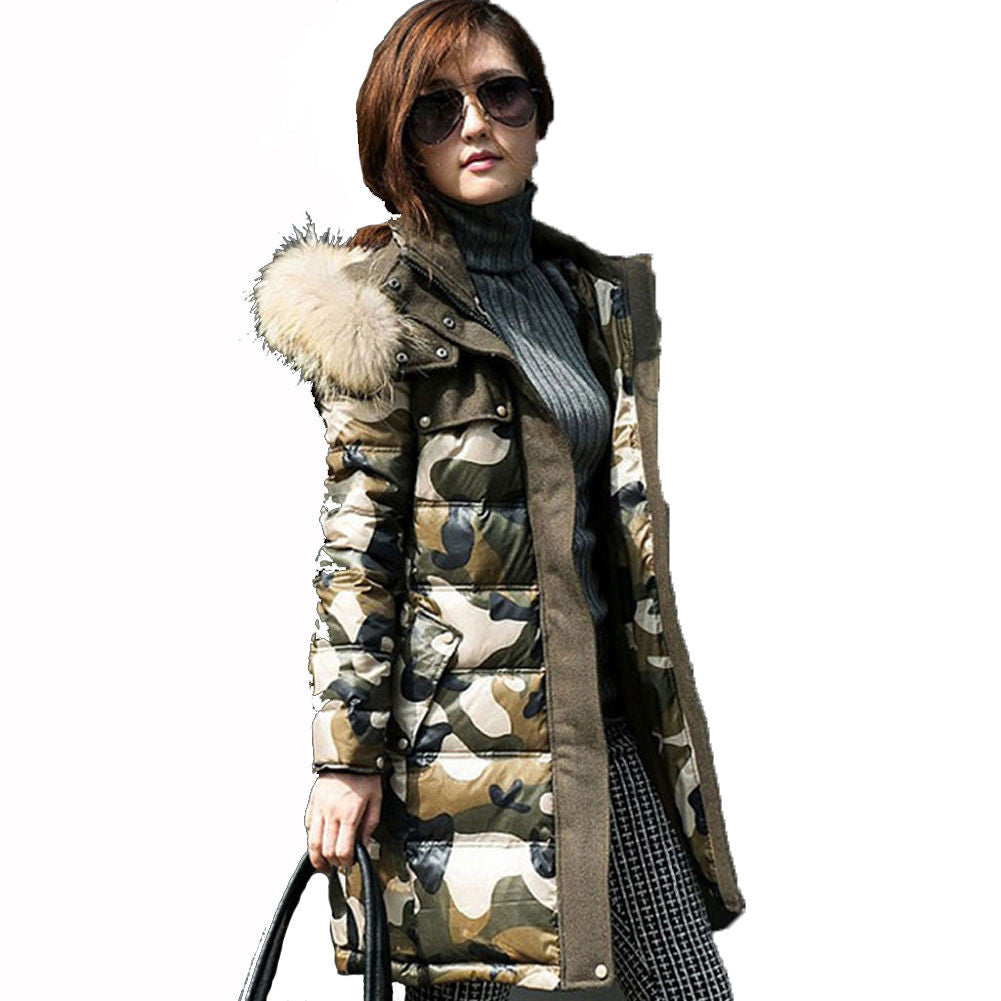Womens Camouflage Duck Down Cotton Long Jacket Coat Trench Outwear Padded Parka
