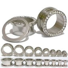 Pair of Screw Fit CZ Stainless Steel Flesh Ear Tunnels Plugs Gauges Earlets