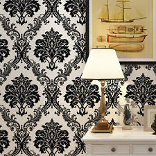 Vintage Luxury Black Damask on White Textured Embossed Flocking Wallpaper Roll