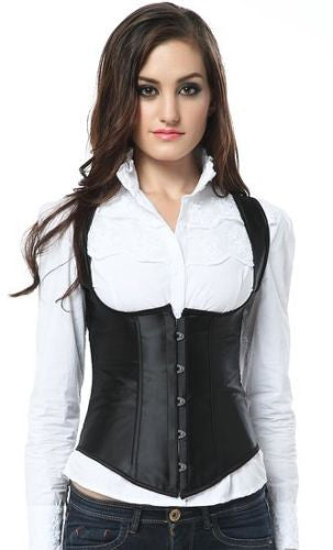 Spiral Steel Boned Waist Training Cincher Satin Plain Black Corset Vest