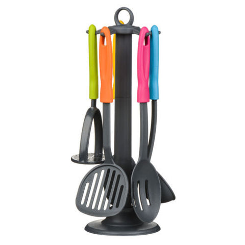New 5 Piece Funky Multi Colour Nylon Kitchen Cooking Utensil Tool Set On Stand