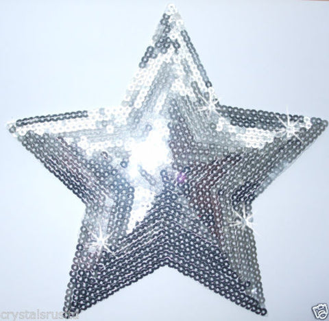 8 inch fabric silver sequin star iron-on applique tshirt garment transfer patch
