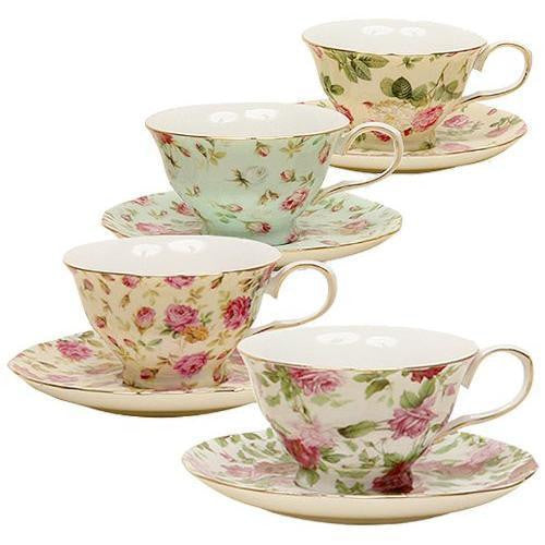 China Rose Chintz 8-Ounce Porcelain Tea Cup and Saucer, Set of 4 New