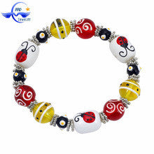Kid Christmas Stretch Bracelet With Ladybird Animal Hhandpainted Glass Bead,glass beads handmade