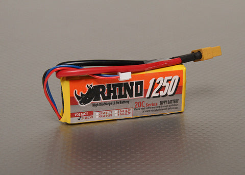 Rhino 1250mAh 2S 7.4v 20C Lipoly Pack
