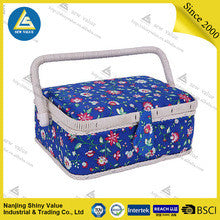 chinese style portable blue floral Fabric sewing basket with one handle and removable plastic tray