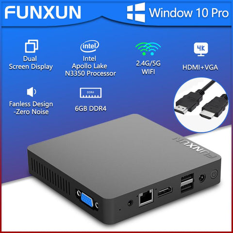 Mini PC Windows 10 Pro 6GB RAM 64/192/320GB SSD Desktop Computer Intel N3350 Dual WiFi Dual-Screen Display Support 4K USB 3.0 Ethernet HDMI VGA