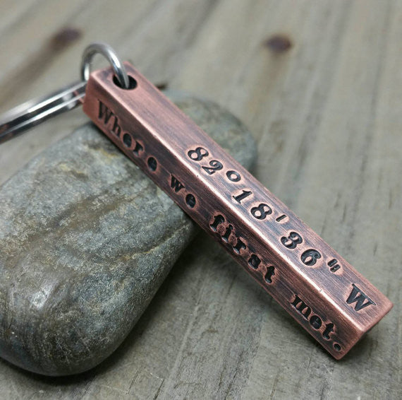 Coordinates Keychain - Copper Bar Keychain - Latitude Longitude Keychain - Hand Stamped Keychain - GPS Coordinates - Men's Keychain