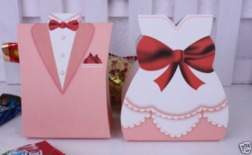 100Pcs Pink TUXEDO DRESS Bridal Groom Wedding Favors Candy Paper Gift Box