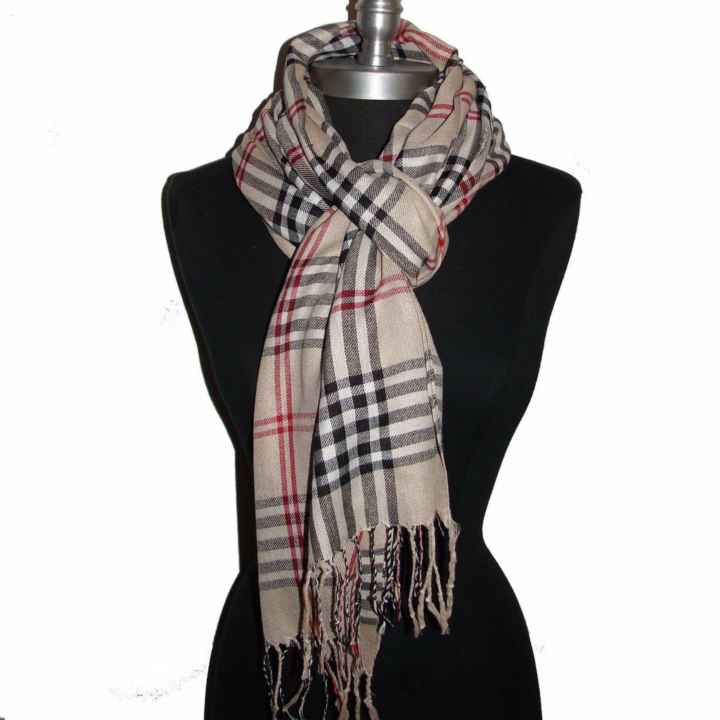 PLAID/CHECK Beige pashmina long soft scarf stole wrap shawl cape