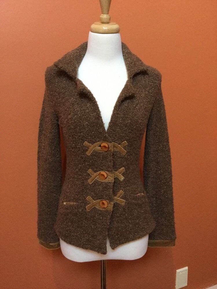 ANTHROPOLOGIE HWR Monogram Brown Boucle Wool Blend Velvet Cardigan sweater