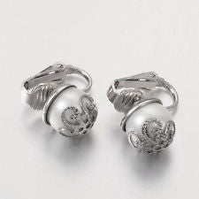 Clip On Earrings with Round Glass Pearls & Stainless Steel Bead Caps & Platinum