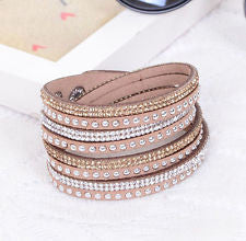 like Crystals 2wrap Around PU Leather Adjustable Bracelet Fashion Hot Dark Khaki
