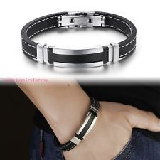 Silver Fashion Stainless Steel Black PU Leather Mens Womens Bangle Bracelet Hot