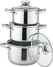 Set of 3 Coloured Stainless Steel Stock Pot Pan Pans Induction Base Glass Lid