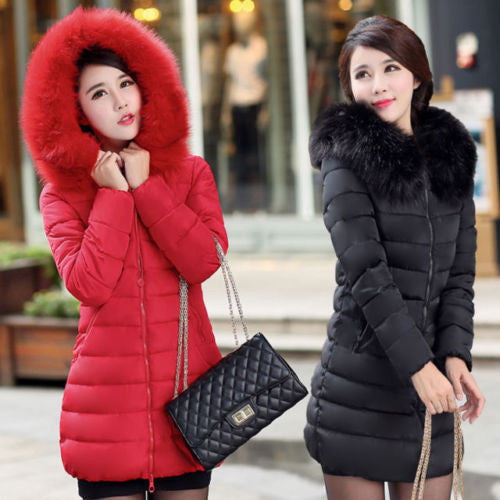 New Fashion Winter Women Down Cotton Parka Long Fur Collar Hooded Coat Jacket M