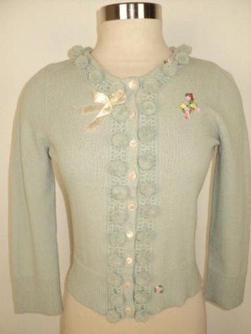 Anthropologie HWR Blue Green Pom Pom Trim Cotton Blend Cardigan Sweater